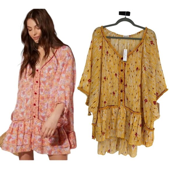Poupette St Barth Yellow Fanciful Floral Bobo Poncho NWT Tunic/Minidress OS - Picture 2 of 16